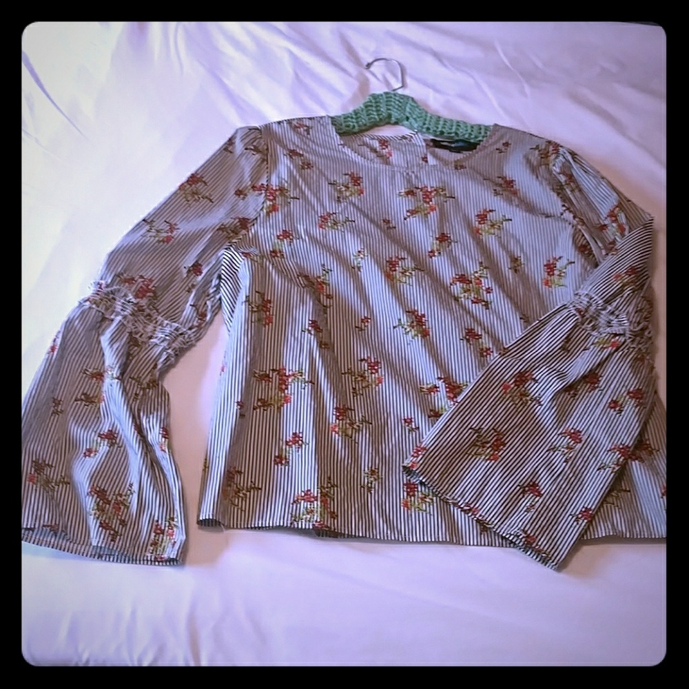 Black and White striped cotton blouse with floral